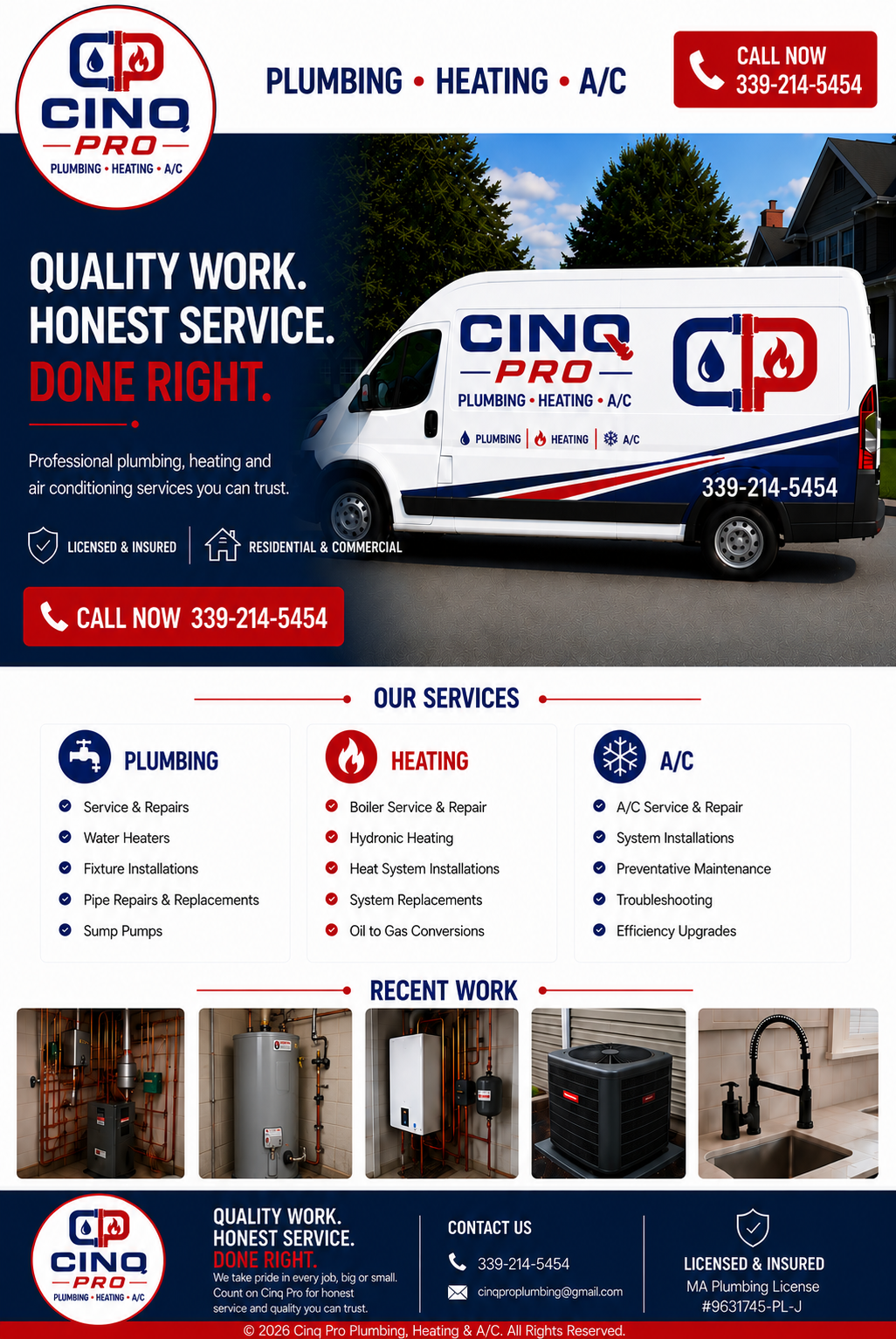 Cinq Pro Plumbing, Heating and A/C. Quality Work. Honest Service. Done Right. Plumbing, heating and A/C services, recent work, contact information and Massachusetts plumbing license.